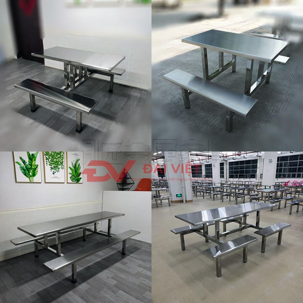 Bố trí cụm bàn ăn công nghiệp inox ghế dài đảm bảo khoảng cách lưu thông trong nhà ăn