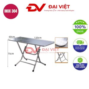 bàn inox chữ nhật xếp gọn có vân 120x60x75cm