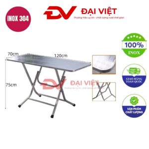bàn inox chữ nhật xếp gọn có vân 120x70x75cm