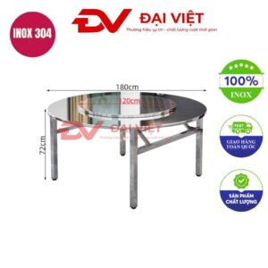 bàn inox tròn 2 tầng có mâm xoay 180x72cm