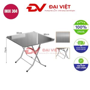 bàn inox vuông xếp gọn có vân 80x80x75cm