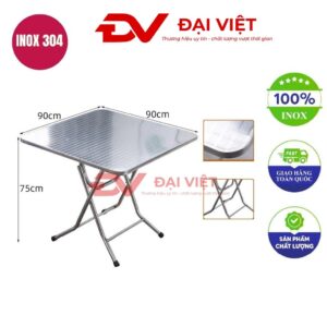 bàn inox vuông xếp gọn có vân 90x90x75cm